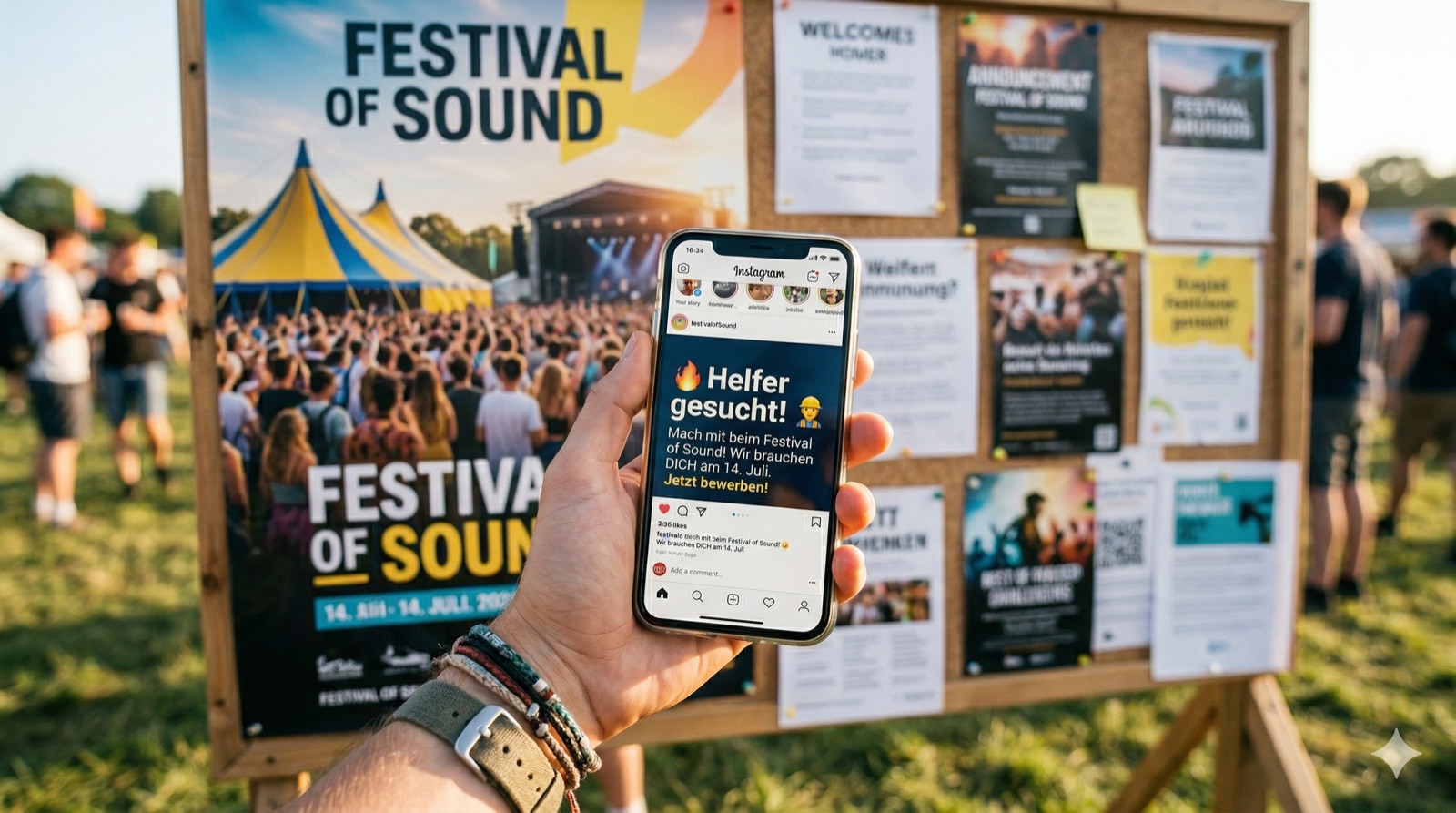 Smartphone mit Helfer-gesucht-Post vor Festival-Schwarzem-Brett