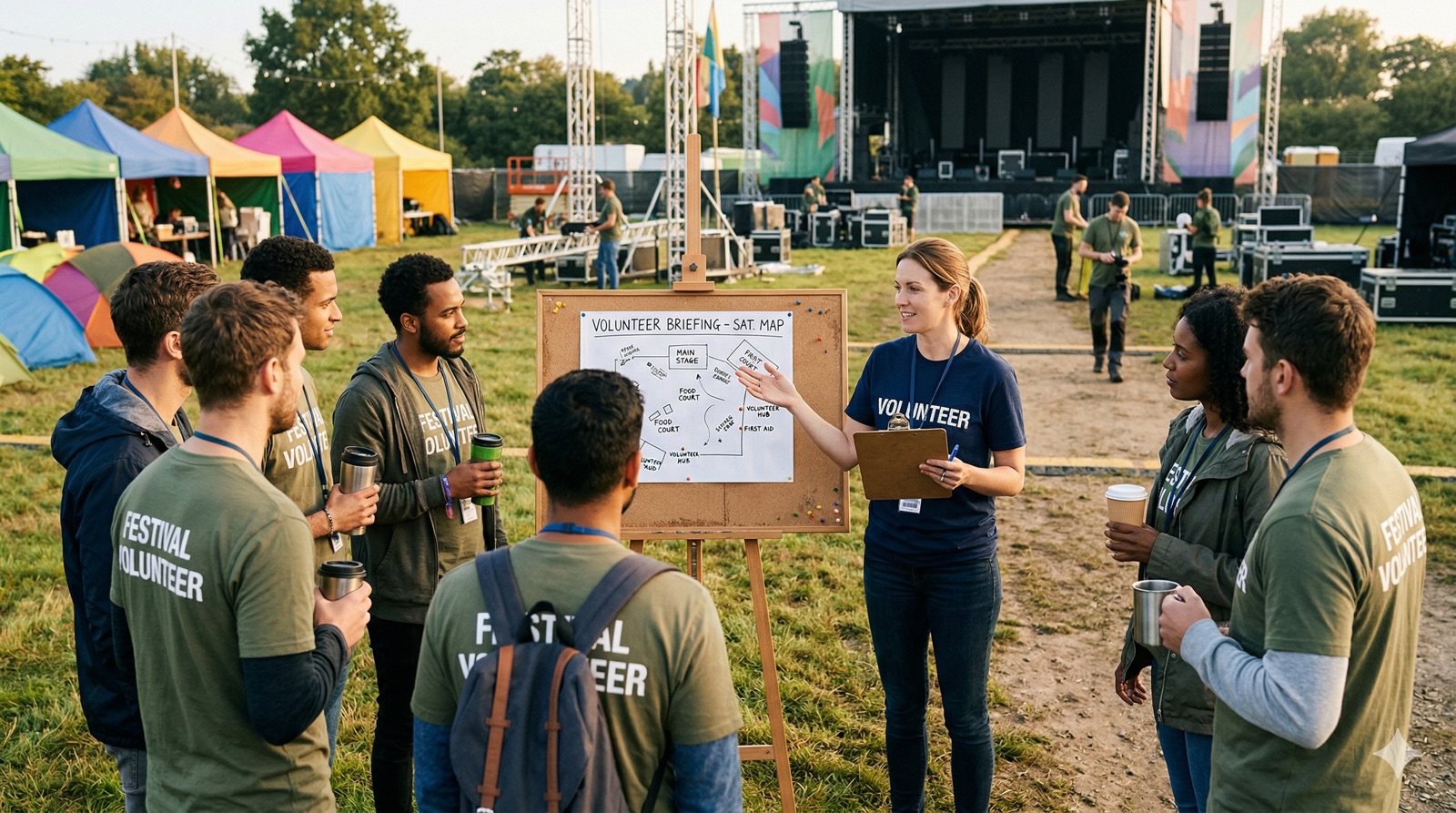 Teamleitung erklärt Freiwilligen den Ablauf vor einem Event