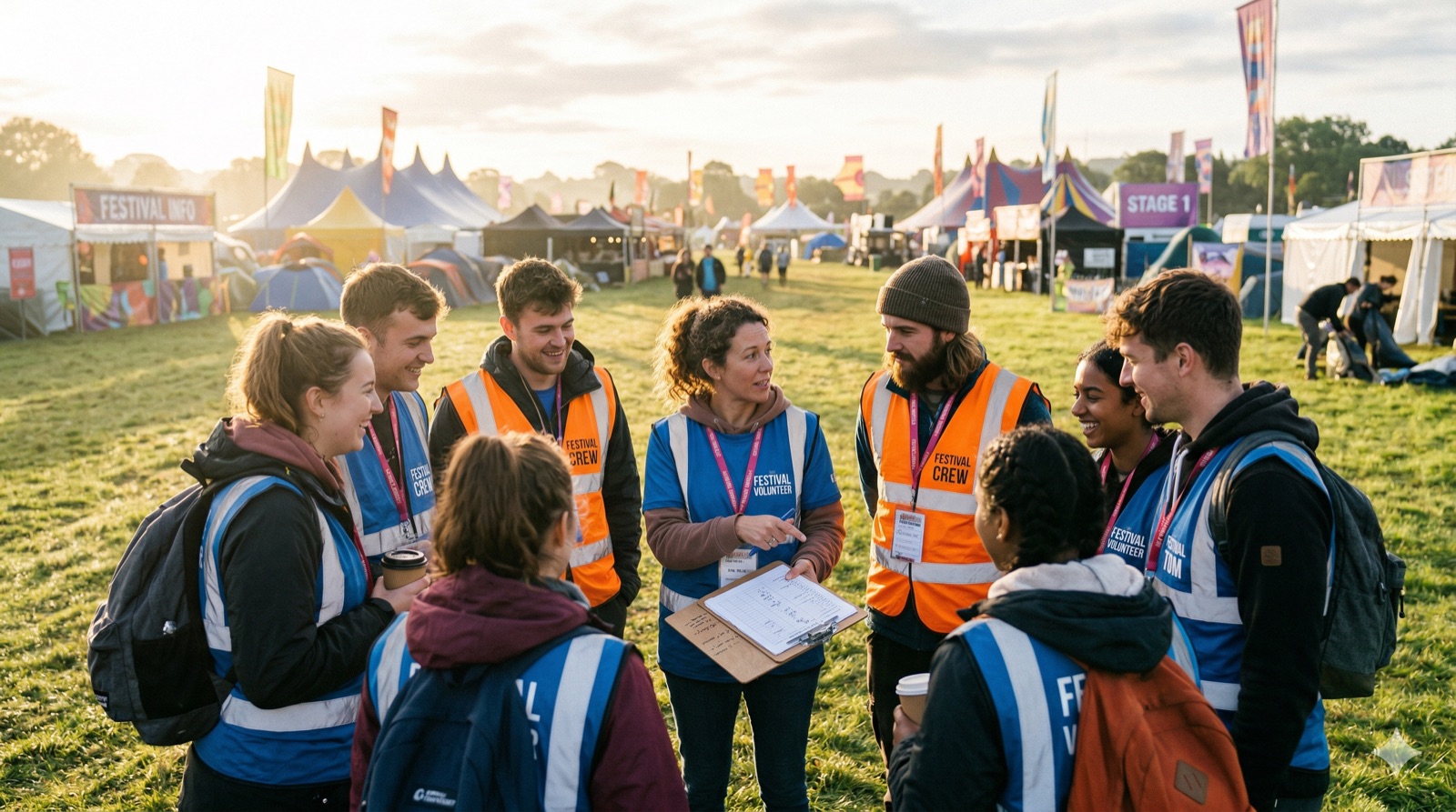 Freiwillige beim Morgenbriefing auf einem Festival