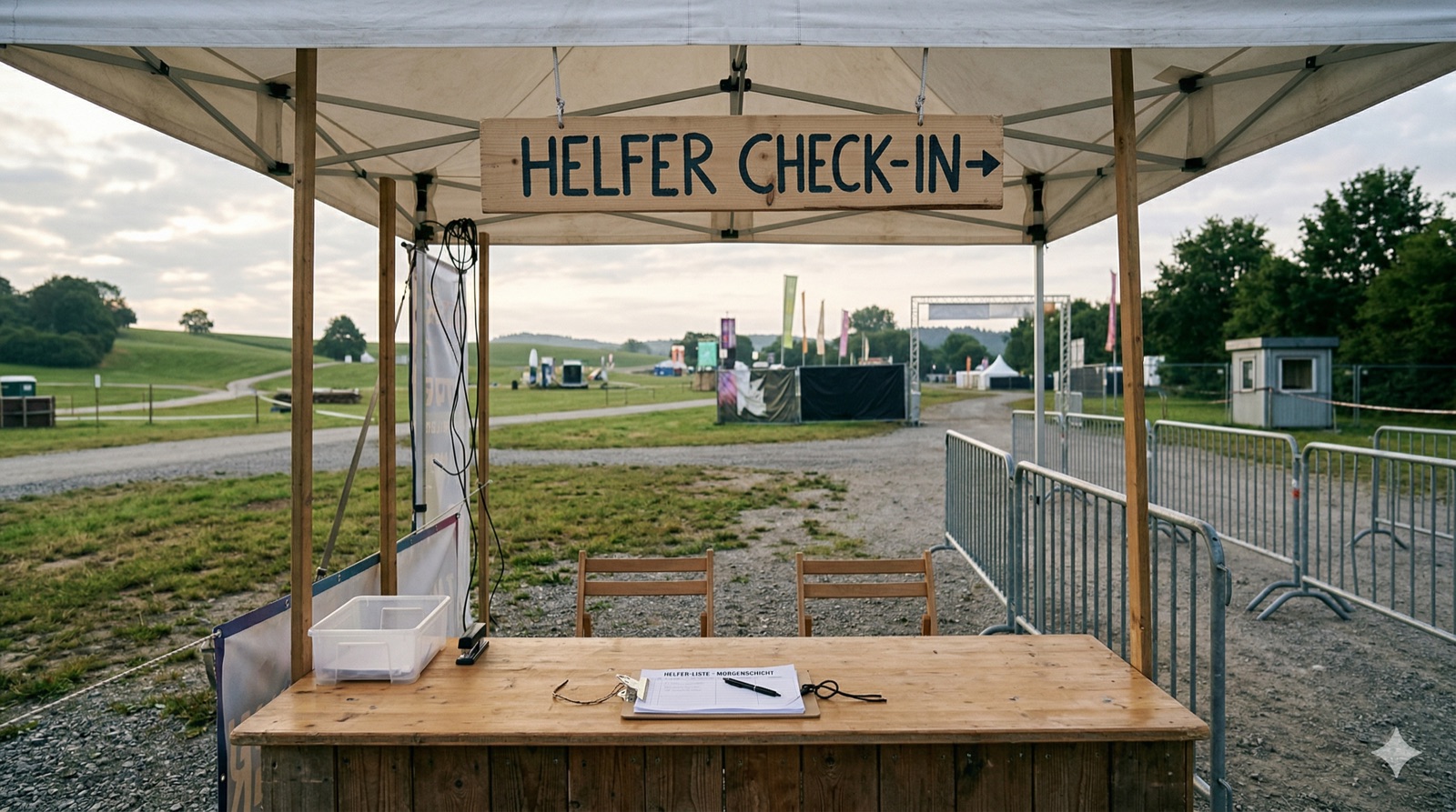 Leerer Helfer-Check-In-Tisch an einem Festival