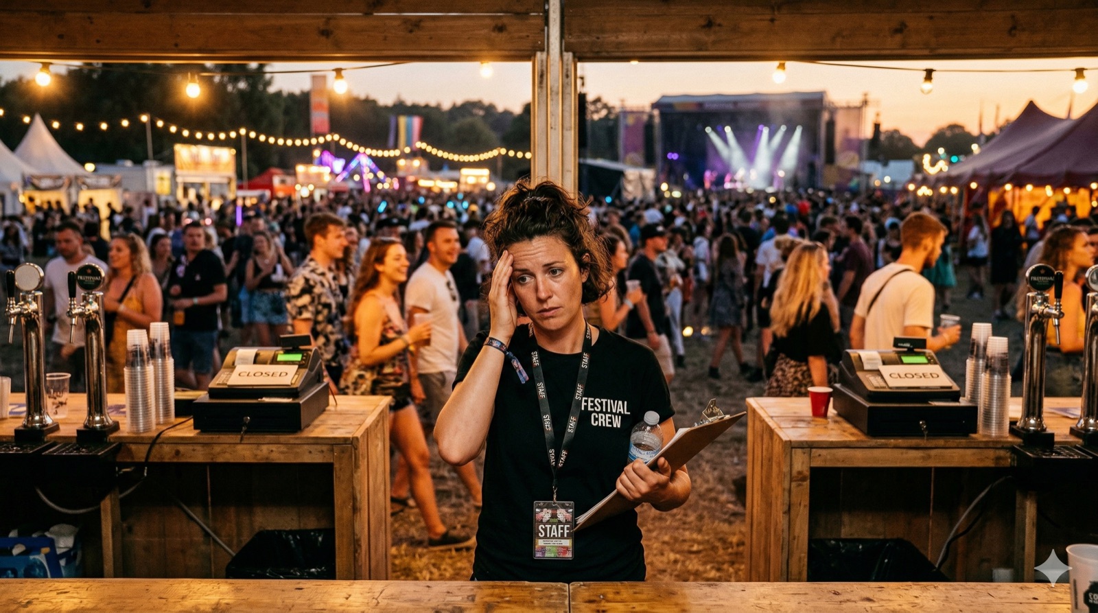 Gestresste Koordinatorin allein hinter der Bar an einem Festival
