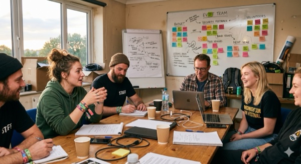 Festival-Team beim Debriefing am Tisch mit Whiteboard und Sticky Notes im Hintergrund