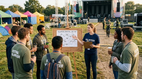 Teamleitung erklärt Freiwilligen den Ablauf vor einem Event