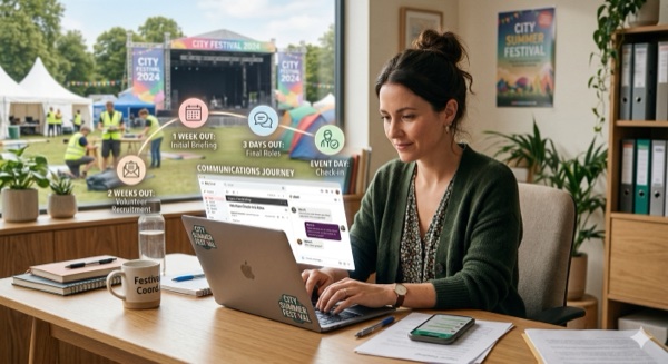 Event-Koordinatorin plant Helfer-Kommunikation am Laptop mit Kommunikations-Timeline im Hintergrund