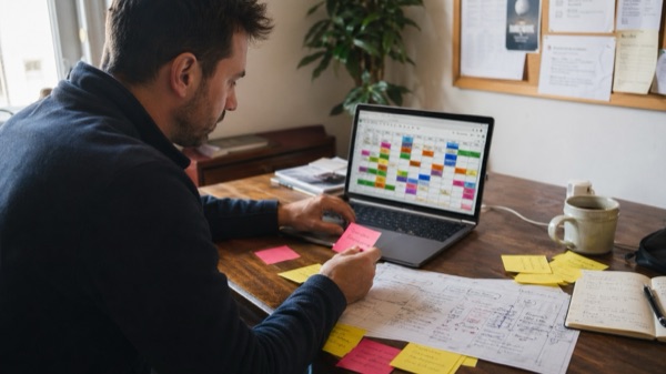 Event-Organisator am Laptop, ein ausgedruckter Schichtplan und Klebezettel auf dem Tisch